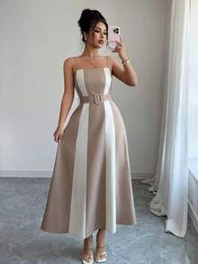 YHHElenzga Vestido de cóctel de media pierna con decoración de botones y bloque de color, elegante para la oficina/vacaciones, de tela similar al lino, apropiado para el Día de la Independencia, graduaciónYHH - Albaricoque - Ver 7