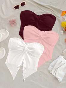Set de 3 tops cortos sin tirantes de uso diario y para vacaciones con aberturas laterales en el bajo, adecuados para fiestas, vacaciones, festivales de música, citas, tardes de té, playa, cruceros, etc. - Multicolor 2 - Ver 7