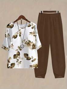 2 piezas Conjunto de top y pantalones casuales estampados para mujer - Marrón - Ver 5