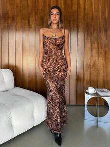 Vestido casual largo para mujer, estampado de leopardo con tirantes de moda sencilla, para uso diario - Multicolor - Ver 3