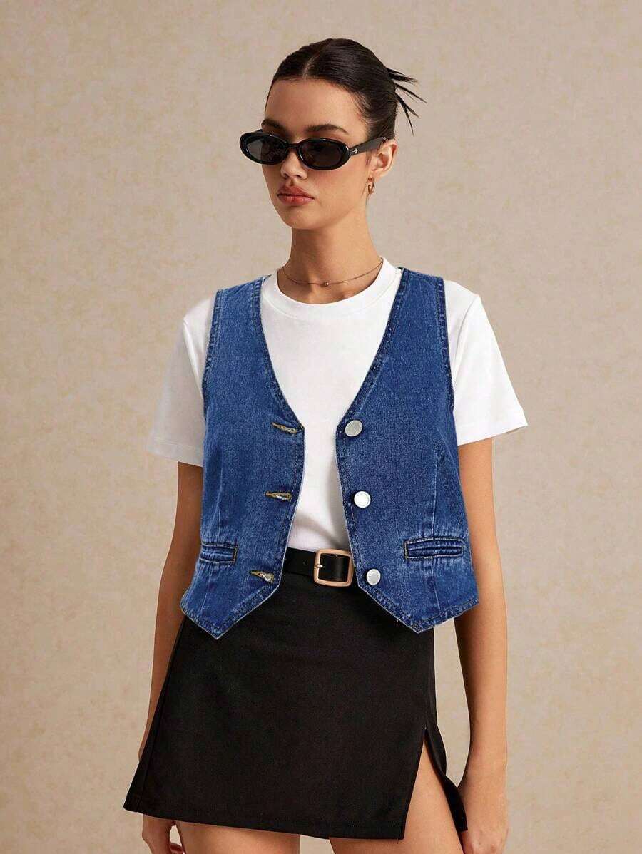 Top Sin Mangas De Mezclilla De Mujer Sexy Estilo De Vacaciones - Azul lavado oscuro 2 - Ver 1