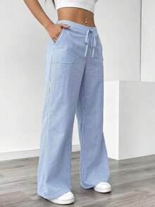 Pantalones sueltos para mujer con rayas azules de tiro bajo para vacaciones y uso informal - Azul 2 - Ver 5