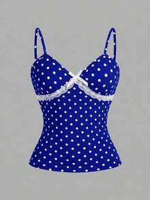 Camiseta de tirantes casual con encaje y estampado de cuadros para mujer - azul real - Ver 1