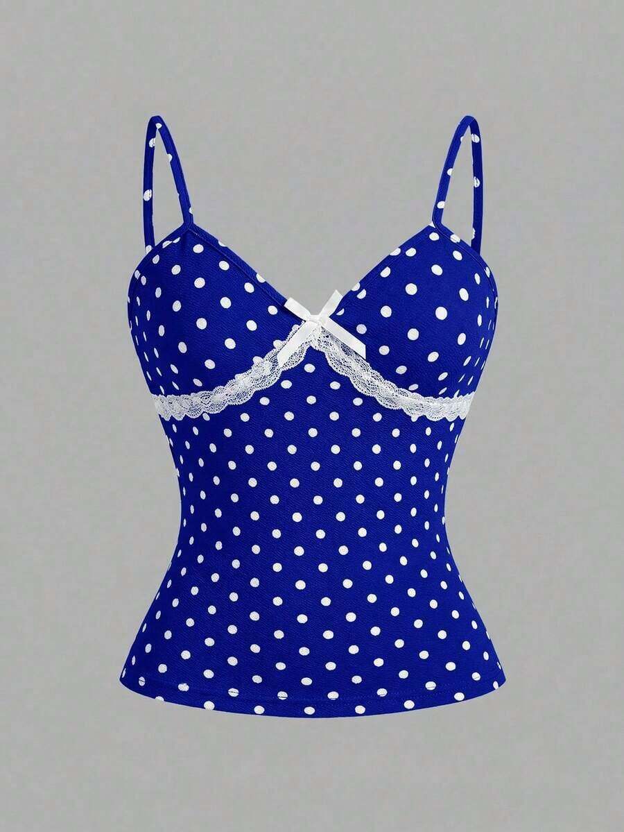 Camiseta de tirantes casual con encaje y estampado de cuadros para mujer - azul real - Ver 1