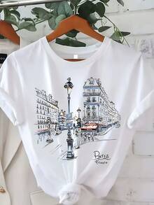 Playera Blanca Mujer Estampado París France con Paisaje Urbano y Faroles - Tela Súper Suave Casual - Blanco - Ver 1