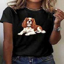 One Piece, Classic And Versatile, Pure Cotton Short-Sleeved T-Shirt, Suitable For Any Season, Featuring A Portrait Of The Cavaller Charles Spanish Dog, Modern Style - 黑色 - 查看 2