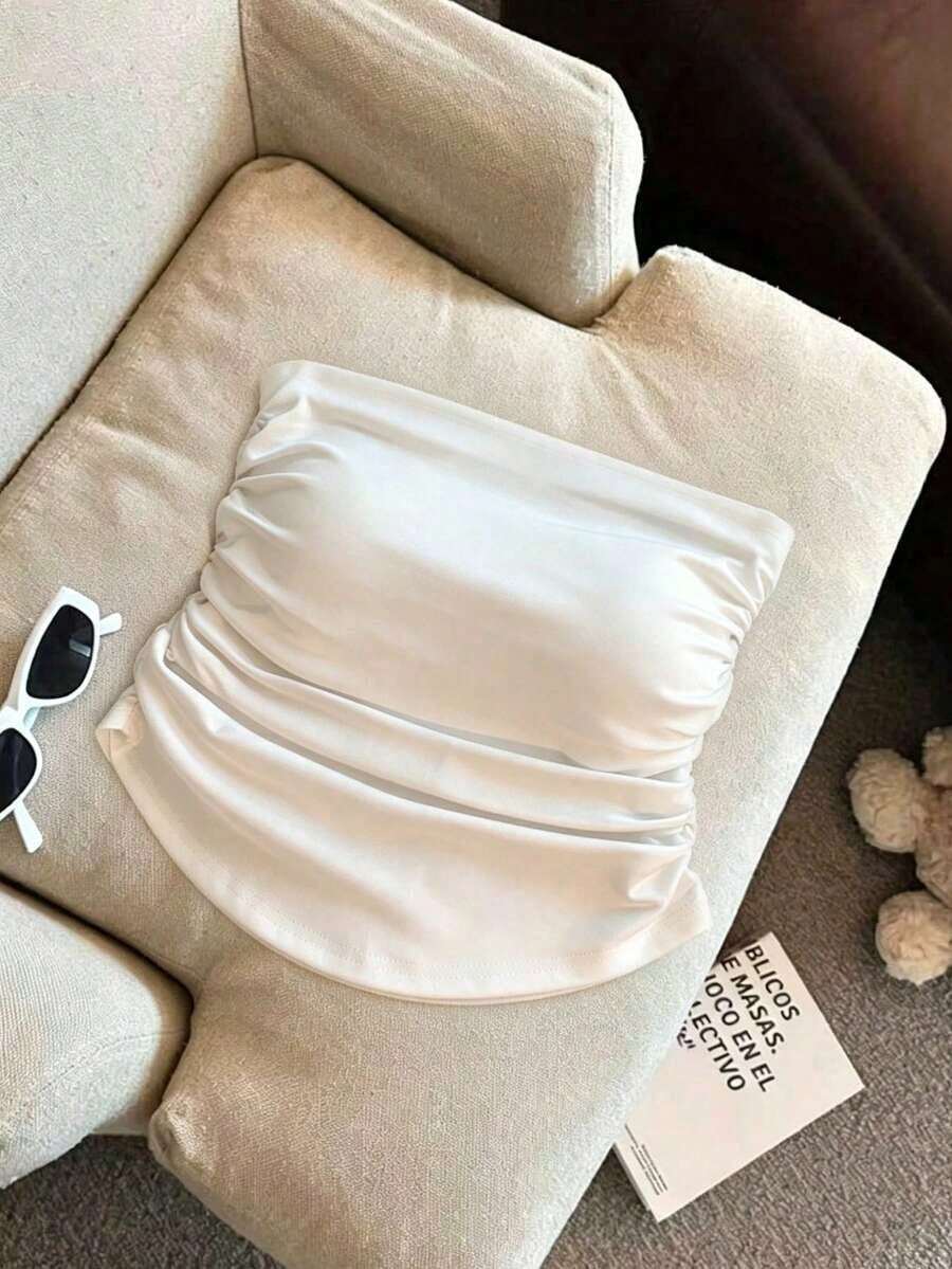 Top tubo plisado de unicolor simple, casual de verano - Blanco - Ver 1