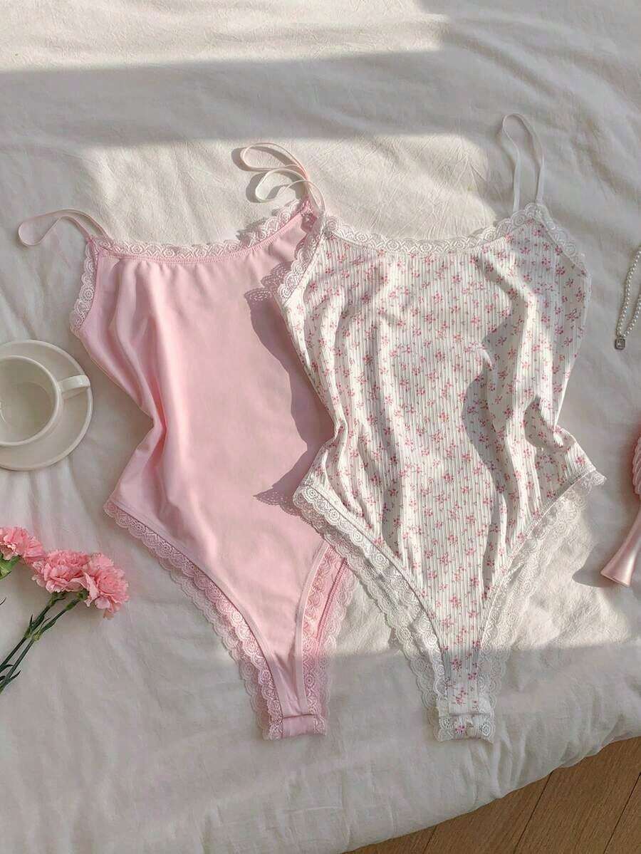 Body de encaje con parches, versátil para uso diario casual de mujer - Multicolor - Ver 1