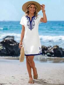 Vestido corto minimalista casual con cuello en V, adecuado para primavera/verano - Azul y blanco - Ver 3