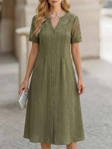 Vestido casual diario de encaje y parches para mujer, primavera y verano - verde aguacate - Ver 10