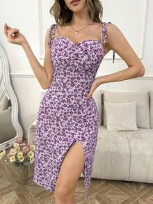 Vestido de tiras con nudo y abertura lateral con estampado floral diminuto, para vacaciones y looks de playa para mujeres - Morado - Ver 7