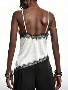 2026 Nueva blusa de satén brillante con encaje gris minimalista de primavera, camisola con adorno de encaje elegante adecuada para primavera/verano; camisa elegante adecuada para fiesta, primavera, Navidad, Año Nuevo; blusa de camisola de satén eleg - Blanco - Ver 2