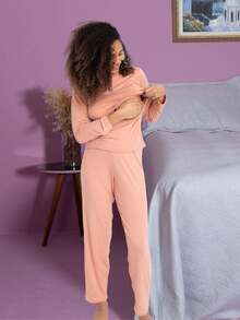 Pijama Feminino Longo  Amamentação Conforto e Praticidade - Rosê - Visão 4
