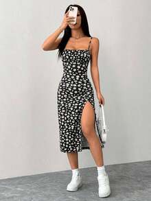 Vestido ajustado para mujer con tirantes de espagueti y abertura lateral con estampado floral diminuto - Negro - Ver 7