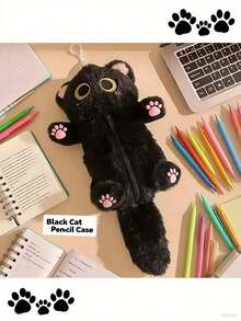 1pc Large Capacity Grey Cat Plush Pencil Case - Soft And Thick Polyester Zipper Pencil Pouch, Cute Cartoon Design, Perfect For School And Office Supplies Storage, Pencil Case, Small Bag, Learning Supplies, Office Supplies, Christmas, Halloween, Christmas Gift Stocking, Halloween Gift, Cute Learning Supplies - Multicolor - View 3