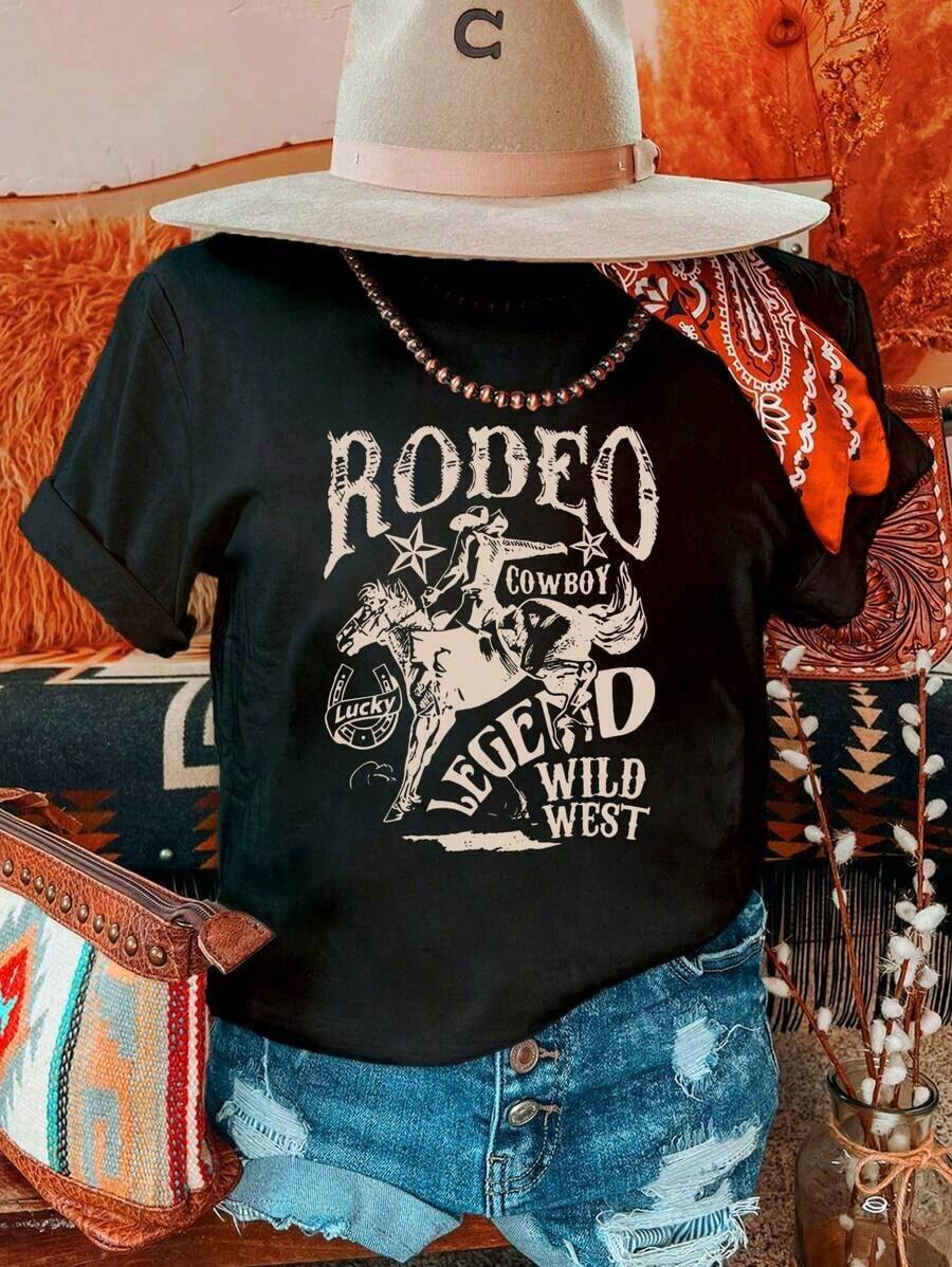 Crew Neck T-Shirt With Western Style Image Print, Lucky Horseshoe Print And "Rodeo" Text, Cultural Style T-Shirt Suitable For Music Festivals - Black - View 1