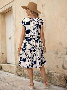 Vestido corto con cuello redondo y manga corta de estampado geométrico, casual para mujer, adecuado para primavera/verano - Multicolor 4 - Ver 2