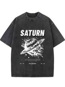Camiseta de algodón retro con estampado espacial SATURN para hombre y mujer, de una sola pieza, color negro con diseño estampado en blanco, cuello redondo informal, manga corta, regalo perfecto para el verano, lavable a máquina. - Negro - Ver 1