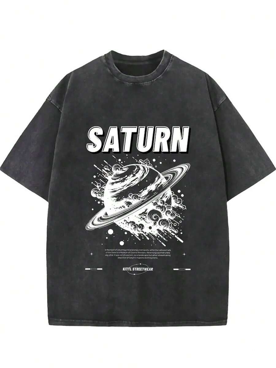 Camiseta de algodón retro con estampado espacial SATURN para hombre y mujer, de una sola pieza, color negro con diseño estampado en blanco, cuello redondo informal, manga corta, regalo perfecto para el verano, lavable a máquina. - Negro - Ver 1