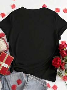 Women's Plus Size Casual Short Sleeve T-Shirt With Round Neck And Heart-Shaped Rhinestones For Valentine's Day - 黑色 - 查看 2