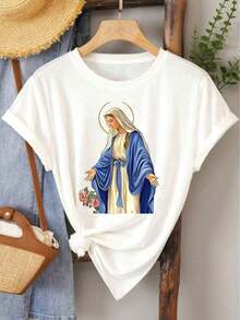 Camiseta de mujer con estampado de imagen de la Virgen María de Pascua y rosas rosadas, estilo deportivo casual de moda y elegante para primavera, verano y otoño, suave y cómoda, de cuello redondo y manga corta, disponible en tallas S-XXXLPure-Cotton - Blanco - Ver 3