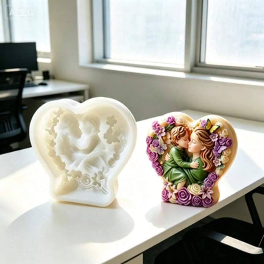 1个心形花朵母女康乃馨香薰蜡烛硅胶模具,家居装饰/礼品石膏模具,手工环氧树脂浇铸模具,艺术装饰粘土石膏模具/不粘易脱模/耐热 - 白色(愛心花朵母女) - 查看 1