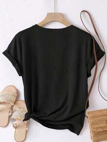 Camiseta de mujer talla grande de verano casual con estampado gráfico de bordado falso - Negro - Ver 2