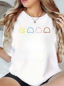 1 Piece Of Women's T-Shirt With PacMan Ghost Graphic Print, 220g, Summer Casual Style, 100% Cotton, Round Neck, Retro Gamer Style. - 白色 - 查看 8
