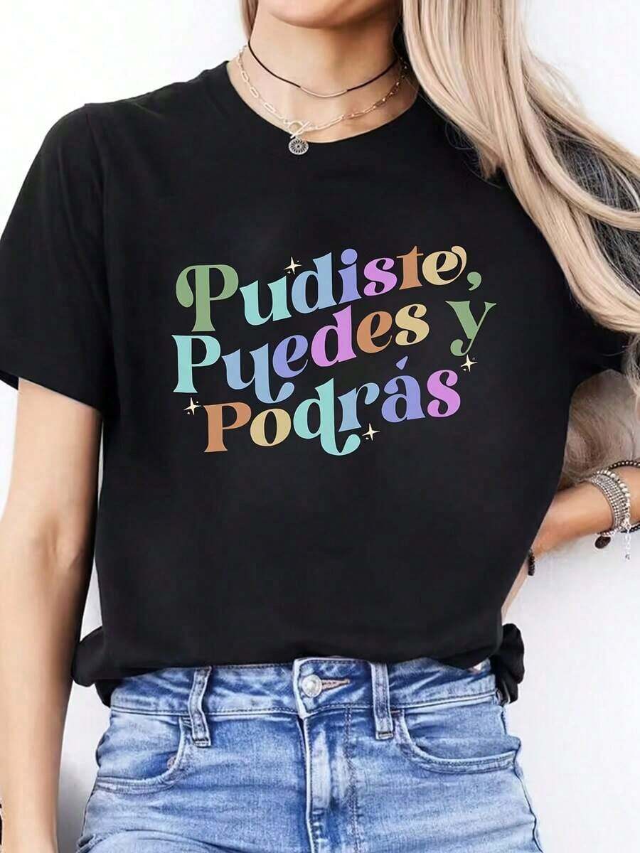 Camiseta Deportiva de Manga Corta con Cuello Redondo y Estampado de Letras Españolas para Mujer, Primavera-Verano - Negro - Ver 1