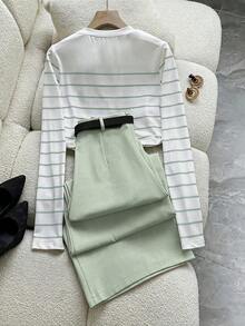 2 piezas Conjunto elegante de camiseta de manga larga a rayas y pantalones con bolsillos y cinturón para mujer - Verde - Ver 2