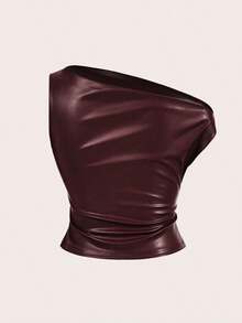 Top para mujer, moda casual de estilo callejero de los 90, primavera y otoño, unicolor, cuello plisado, top de tanque de PU sin mangas, adecuado para salir y fiestas - Burdeos - Ver 3