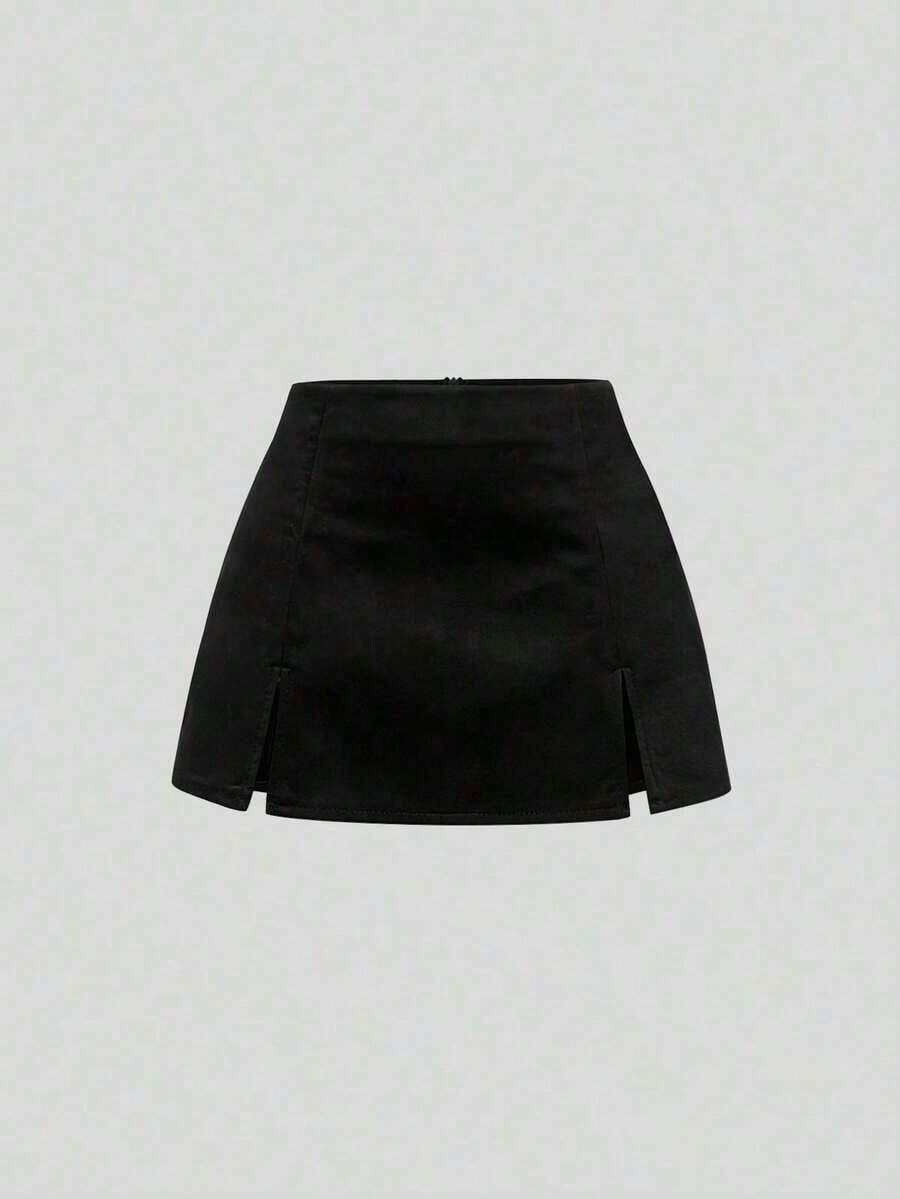 Falda mini casual de fiesta con abertura y corte en A de ante color Maillard para mujer, para otoño/invierno - Negro - Ver 1