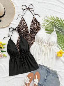 Camiseta de tirantes finos con estampado de leopardo, lazo y espalda descubierta, elegante y bohemia, ideal para ocasiones casuales, vacaciones, boda en la playa, graduación, brunch, Día de San Patricio, vacaciones de primavera y Pascua - Multicolor 2 - Ver 1