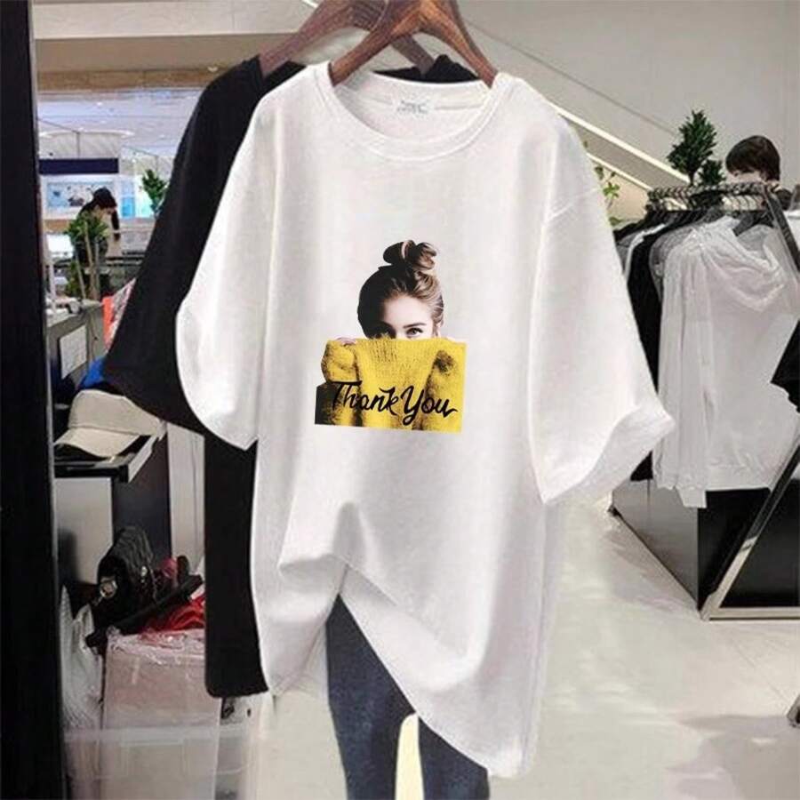 Camiseta con estampado de camisa casual para mujer, manga corta y cuello redondo, moda urbana local de primavera/verano camiseta unisex. DVHB - 1664 Blanco - Ver 1