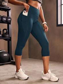 Mallas deportivas de cintura ancha con bolsillo para teléfono, pantalones de yoga para mujer - Agua verde azul - Ver 1