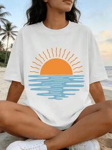Camiseta holgada para mujer con estampado de palmeras, flores y letras, hombros caídos, manga corta y cuello redondo. - Estilo - Ver 1