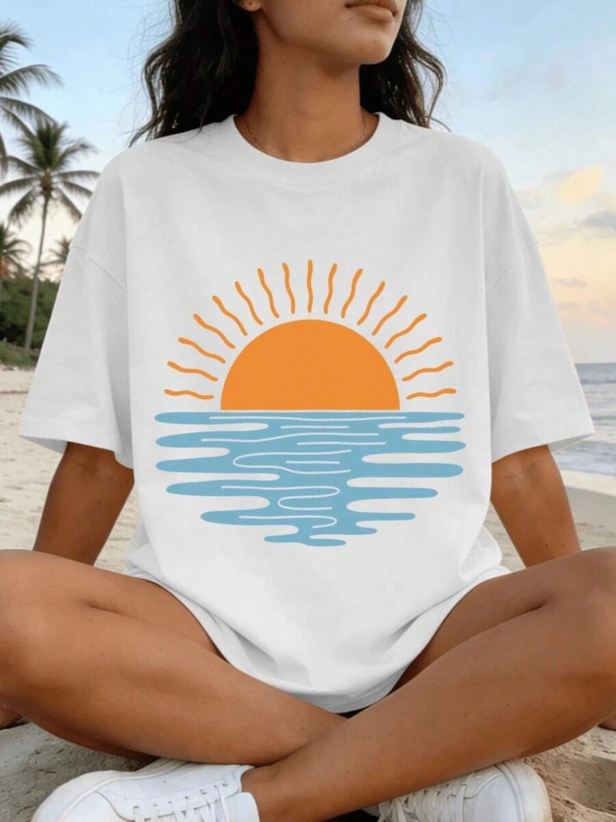 Camiseta holgada para mujer con estampado de palmeras, flores y letras, hombros caídos, manga corta y cuello redondo. - Estilo - Ver 1