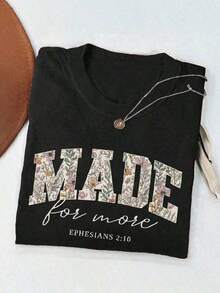 Camiseta casual de manga corta con cuello redondo y estampado de letra y flores para mujer, verano - Negro - Ver 1