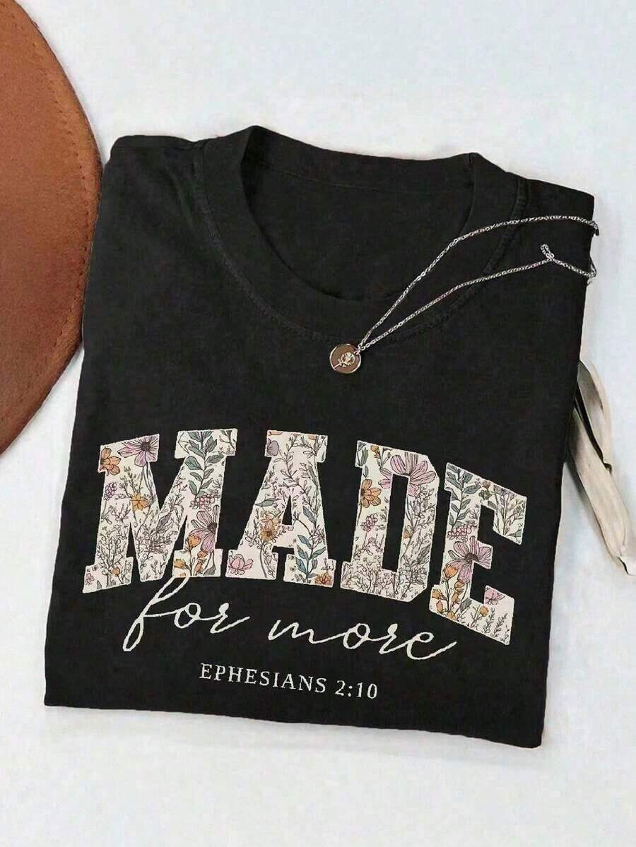 Camiseta casual de manga corta con cuello redondo y estampado de letra y flores para mujer, verano - Negro - Ver 1