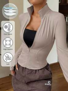 Chaqueta de manga larga de punto ajustada con protección solar para mujer en otoño/invierno, color albaricoque - Caqui - Ver 8