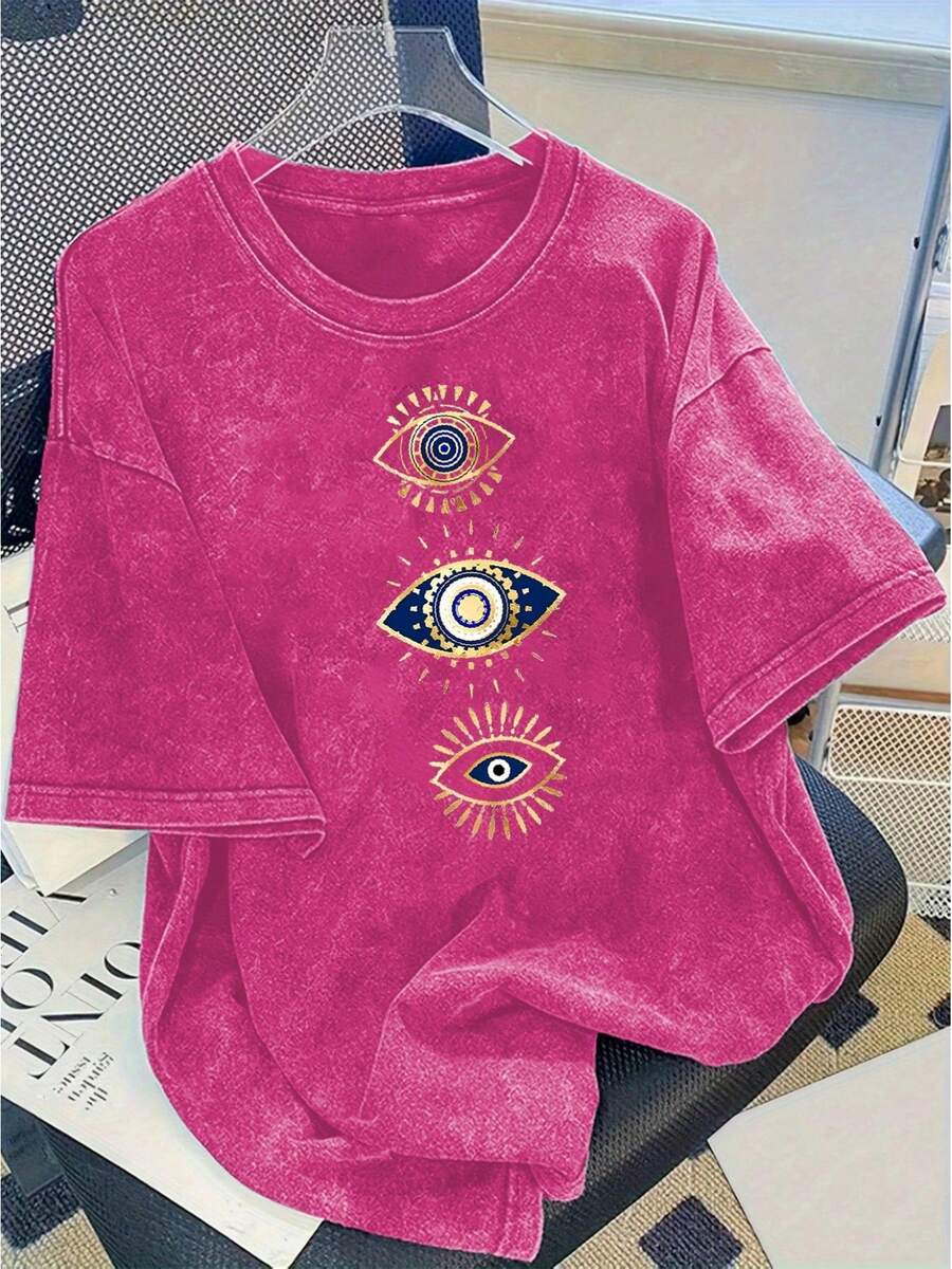 Una camiseta de algodón lavado estampado moderno para mujer algodón 230g grosor estilo vintage urbano cuello redondo mangas cortas lavable a máquina uso casual primavera verano camiseta de mujer corte holgado único blusas para mujer nacional envio - Rosa Fucsia - Ver 1