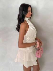 Vestido corto de mujer de satén rosa y gasa con cuello halter y espalda descubierta, falda corta de línea A con dobladillo de volante doble que expone la cintura, elegante conjunto de verano adecuado para conciertos, fiestas, citas románticas, ceremonias de graduación y otras ocasiones - Albaricoque - Ver 6