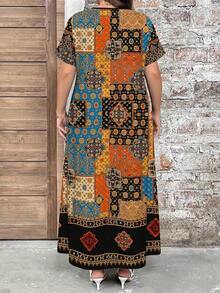 Plus Size Women's Retro Floral Print V-Neck Short Sleeve Maxi Dress, Elegant Summer Holiday Dresses - 彩色 - 查看 2