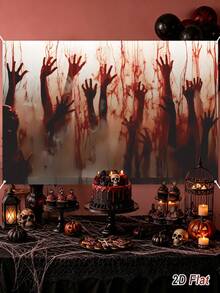 1pc Halloween Backdrop, Happy Halloween Backdrop With Bloody Hand Design, Photography Backdrop, Decorative Wall Hanging, Background Banner, Halloween Decoration, Halloween Party Decoration, Halloween Trick Or Treat Decoration, Outdoor Halloween Decoration - Bloody Hands - View 3