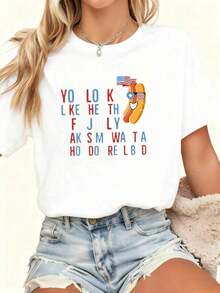 Women's 100% Cotton Casual Printed Design T-Shirt,  Summer Hot Dog Print T-Shirt, US 250th Anniversary Commemorative T-Shirt, Fashionable Printed T-Shirt For Women, Comfortable Short Sleeve For Everyday Wear At Home, Ideal For Independence Day, Casual Wear, Holiday Gift, Summer Tops 2026, Daily Outfits For Women, Suitable For Spring, Summer And Autumn. - 白色 - 查看 1