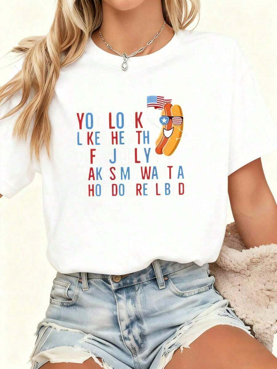 Women's 100% Cotton Casual Printed Design T-Shirt, Summer Hot Dog Print T-Shirt, US 250th Anniversary Commemorative T-Shirt, Fashionable Printed T-Shirt For Women, Comfortable Short Sleeve For Everyday Wear At Home, Ideal For Independence Day, Casual Wear, Holiday Gift, Summer Tops 2026, Daily Outfits For Women, Suitable For Spring, Summer And Autumn. - 白色 - 查看 1