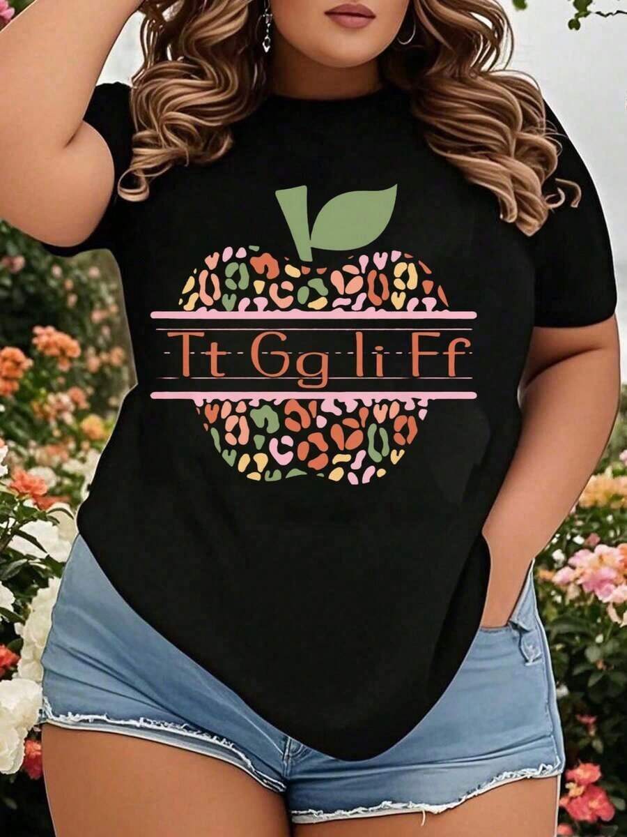 Nueva y moderna camiseta con estampado de manzanas, adornada con letras y un divertido patrón de frutas con estampado de leopardo, adecuada para la vuelta al cole, el Día del Maestro o para uso casual diario. Camiseta blanca de cuello redondo - estilo vintage urbano, unisex, de corte holgado, de algodón puro, de manga corta y cuello redondo. - Negro - Ver 1