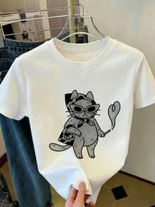 Camiseta para mujer, con estampado de gato en blanco y negro con gafas de sol, cuello redondo, manga corta - Blanco - Ver 7