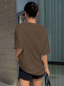 Loose-Fitting T-Shirt With Figure And Letter Graphic, Preppy Style - Whole Grain Coffee - View 2