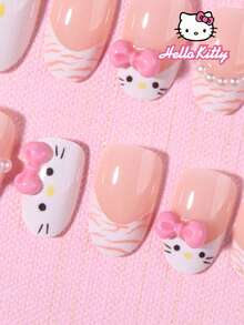 SANRIO 三麗鷗 Hello Kitty 24片 Y2K 風格短橢圓粉色法式美甲貼紙，附可愛 3D Hello Kitty、豹紋、蝴蝶結、珍珠與愛心裝飾，粉色少女風，完美貼合壓克力假指甲組，含 1 個果凍膠與 1 個指甲銼刀，適合女性與女孩日常派對聚會，Kulomi 品牌 - 彩色 - 查看 3